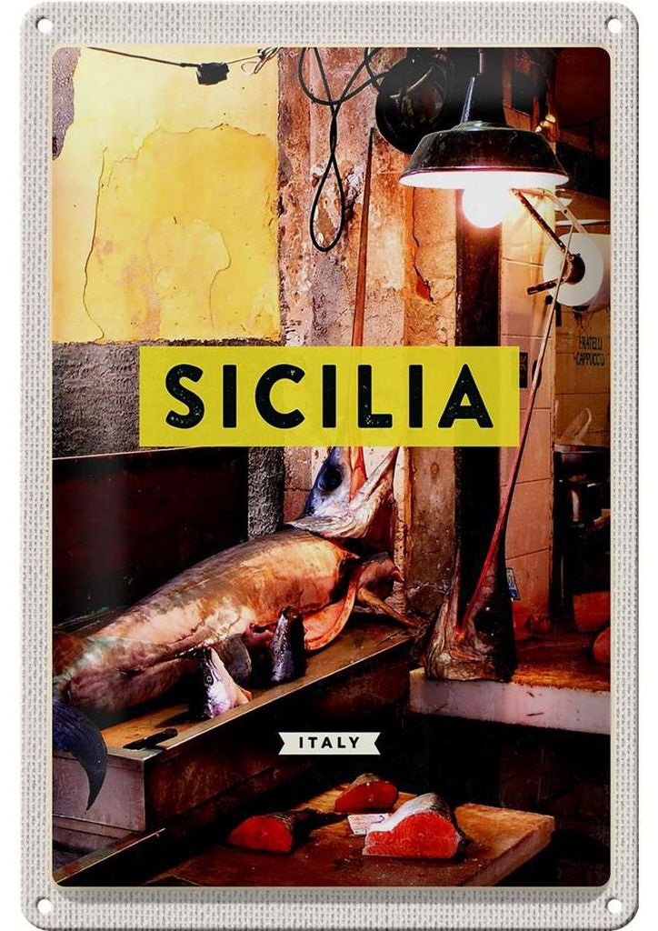 Blechschild Reise 20x30cm Sizilien Italien Fisch Hohrnhecht