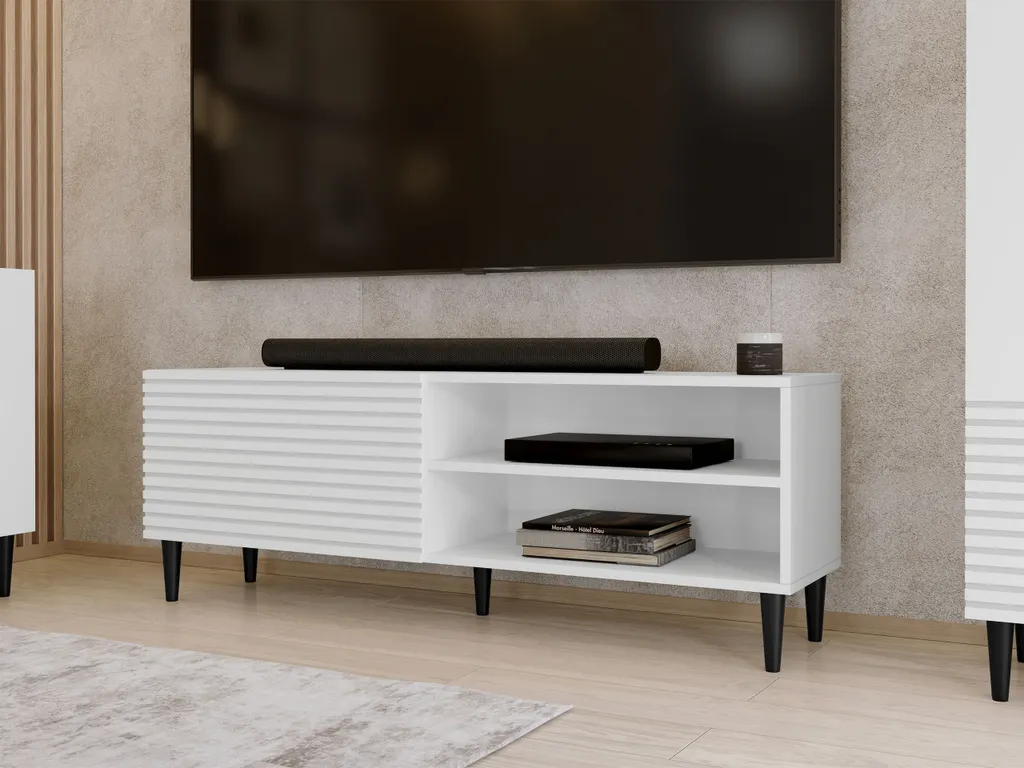 Meuble TV blanc QUINLAN - Solution gain de place et rangement salon