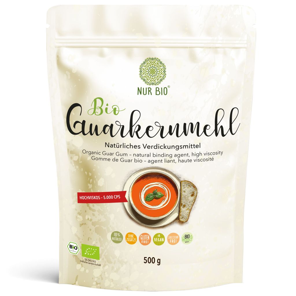 NUR BIO Bio Guarkernmehl 500 g, 5000 cps natürliches Verdickungsmittel glutenfrei Backen Kochen perfektes Speiseeis