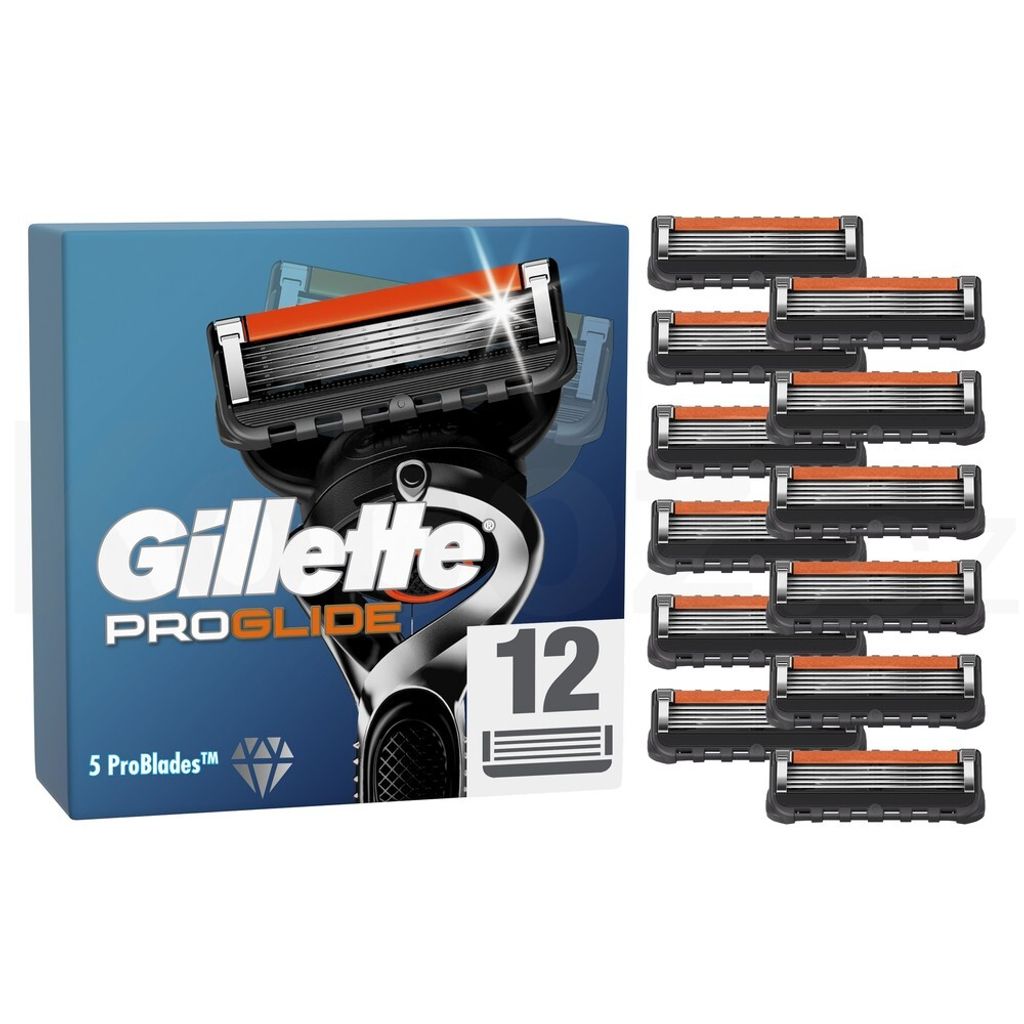 A box of Gillette ProGlide razor blades with a razor head and multiple replacement blades shown.