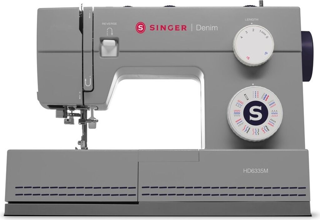 A studio shot of a gray Singer sewing machine.