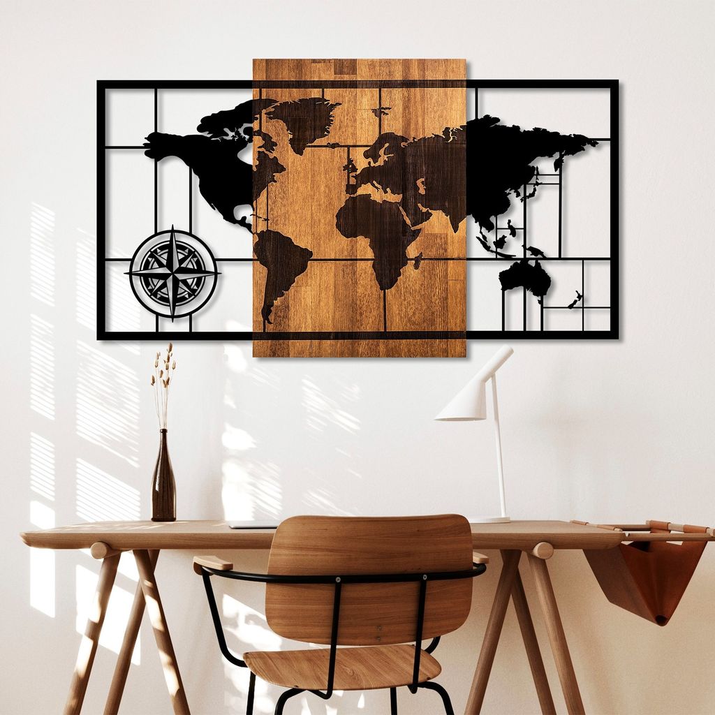 Wallity, World Map 1-L, Wanddeko, Nussbaum, Metall, 70 x Produktbild 