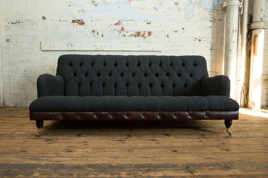 klassische Chesterfield Couch 3 Sitzer Sofa Couch Samt Leder Blau Design Polster