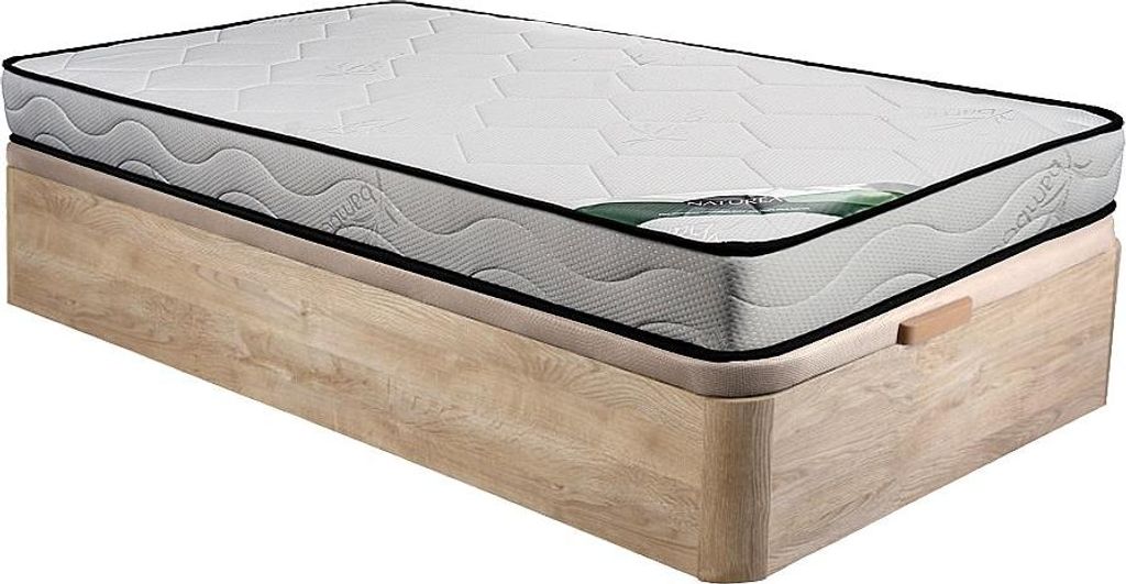 Set 90 x 190 cm Rahmen mit Box Naturlicht + 15 cm dicke Schaumstoffmatratze mit Bambusbezug - KANANI by NATUREA