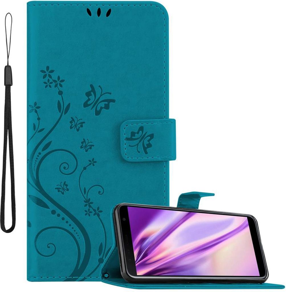 Cadorabo Hülle für Samsung Galaxy J6 PLUS Schutz Hülle in Blau Schutzhülle Handy Hülle Etui Case Blumen Flower