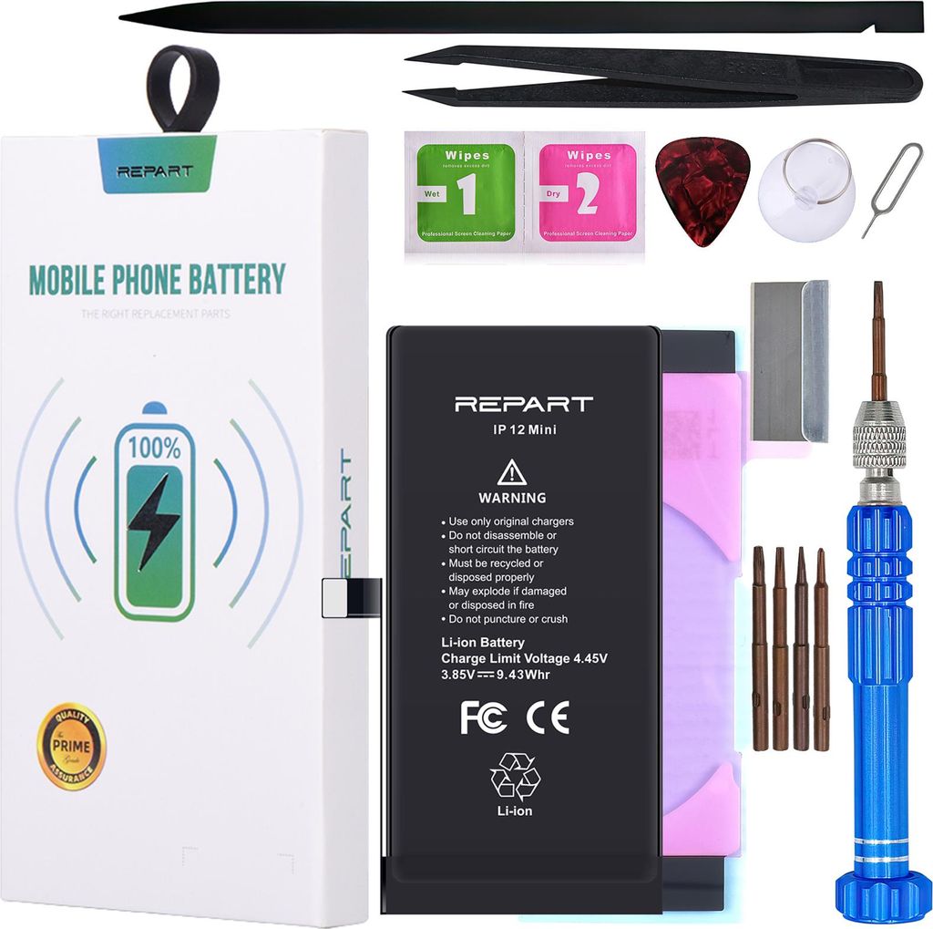 A product shot of a mobile phone battery and its accessories, laid out on a white background.
