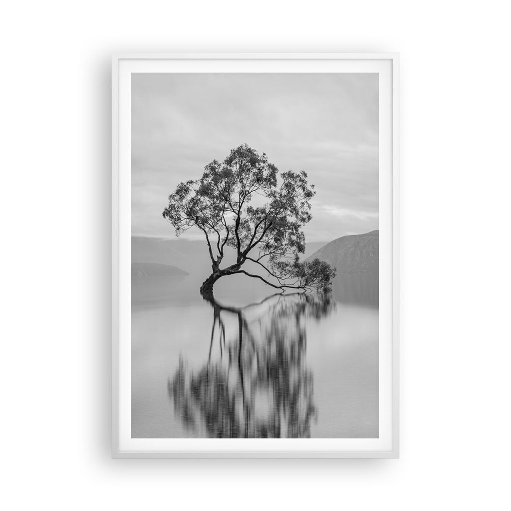 Gerahmtes Poster - Weißer Rahmen - Baum Symmetrie See - 70x100 cm - Wand Bild - Wanddeko - Wandbilder - Kunstposter - Wandposter - Bilderrahmen - ...