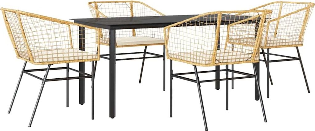 5-tlg. Garten-Essgruppe mit Kissen Braun Poly Rattan Glas