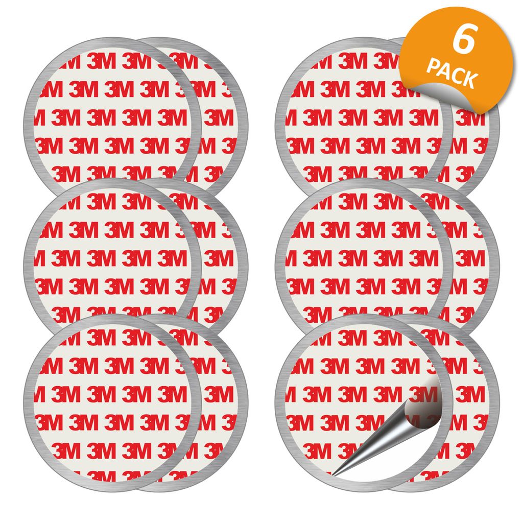 A collection of round adhesive pads with the 3M logo repeated on them, arranged in two columns. One of the pads has a metallic tool piercing it.