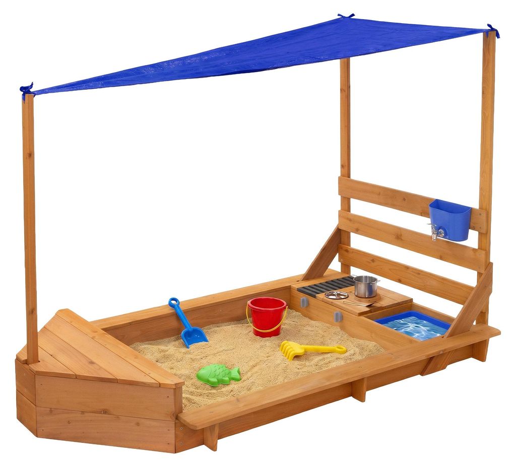 ML-Design Sandkasten mit Dach & Matschküche Sandkiste für Kinder aus Massivholz Boots-/Schiffsdesign Sandbox Outdoor mit Zubehör UV-Schutz 101x1...
