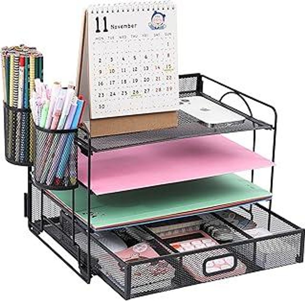 Vikmyer 4-Trays Desktop File Organizer, Mesh Office Desk Supplies Organizer Dokument Brieffachhalter mit Schublade für Office Home (2 Stifthalter)