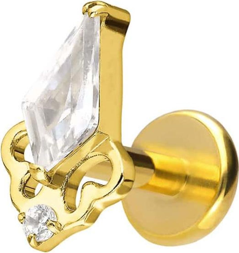 Ohrpiercing, Nasenpiercing Titan Labret mit Push Fit KRISTALLSCHILD Gold Stablänge: 6mm | Stabstärke: 1mm
