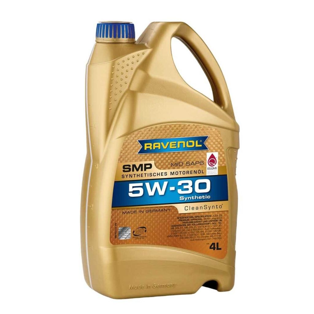 A gold colored plastic container of motor oil with a blue cap, set against a white background.