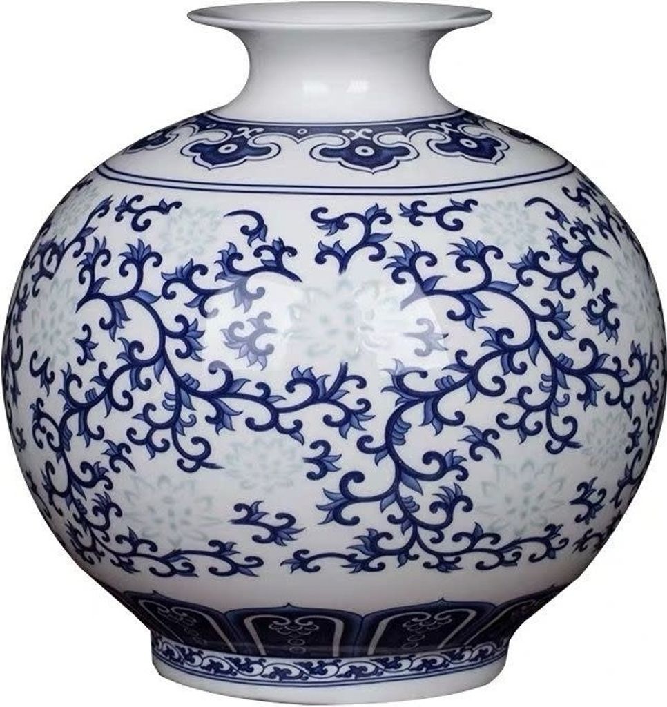 Fine Asianliving Chinesische Vase Porzellan Handbemalt Blau und Weiß D17xH17cm Dekorative Vase Blumenvase Orientalische Keramik Vase Dekoration Va...