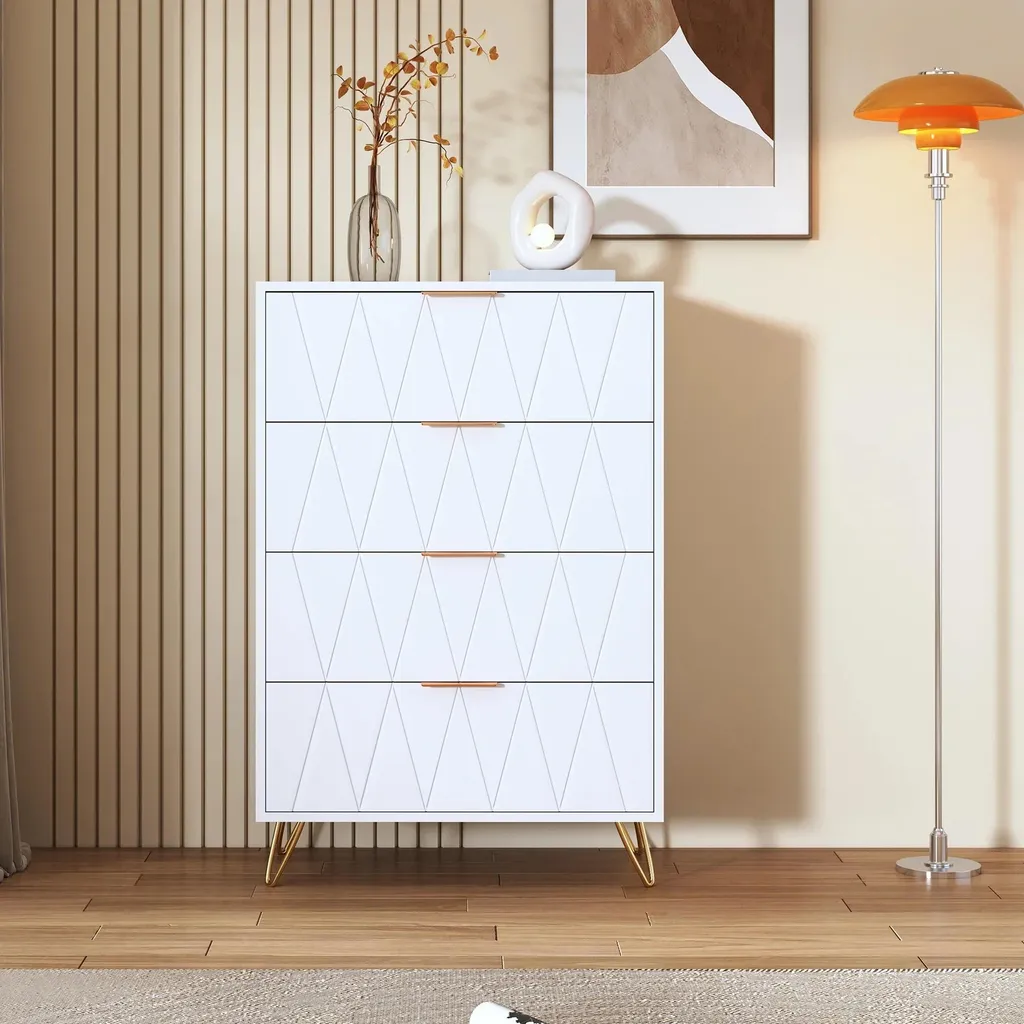 Commode de Rangement Gain de Place 4 Tiroirs Blanche en Bois Moderne
