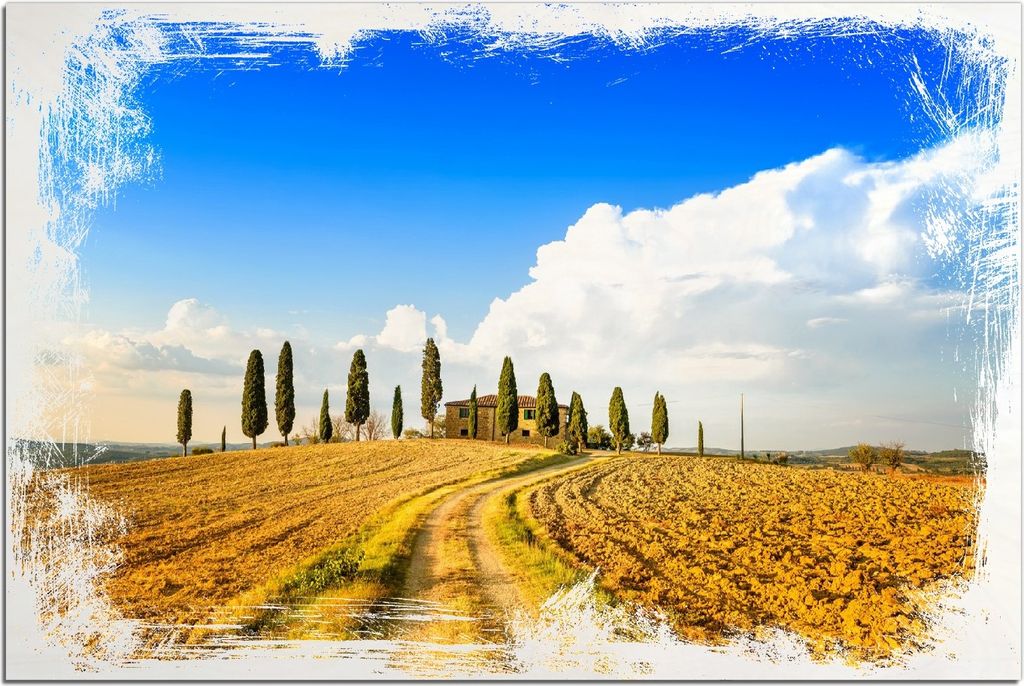 Kunstdrucke Wandbilder Holz in : Brillante Farben, Größe 60 x 90 cm Motiv Italien - Toskana unter blauem Himmel einsame Farm