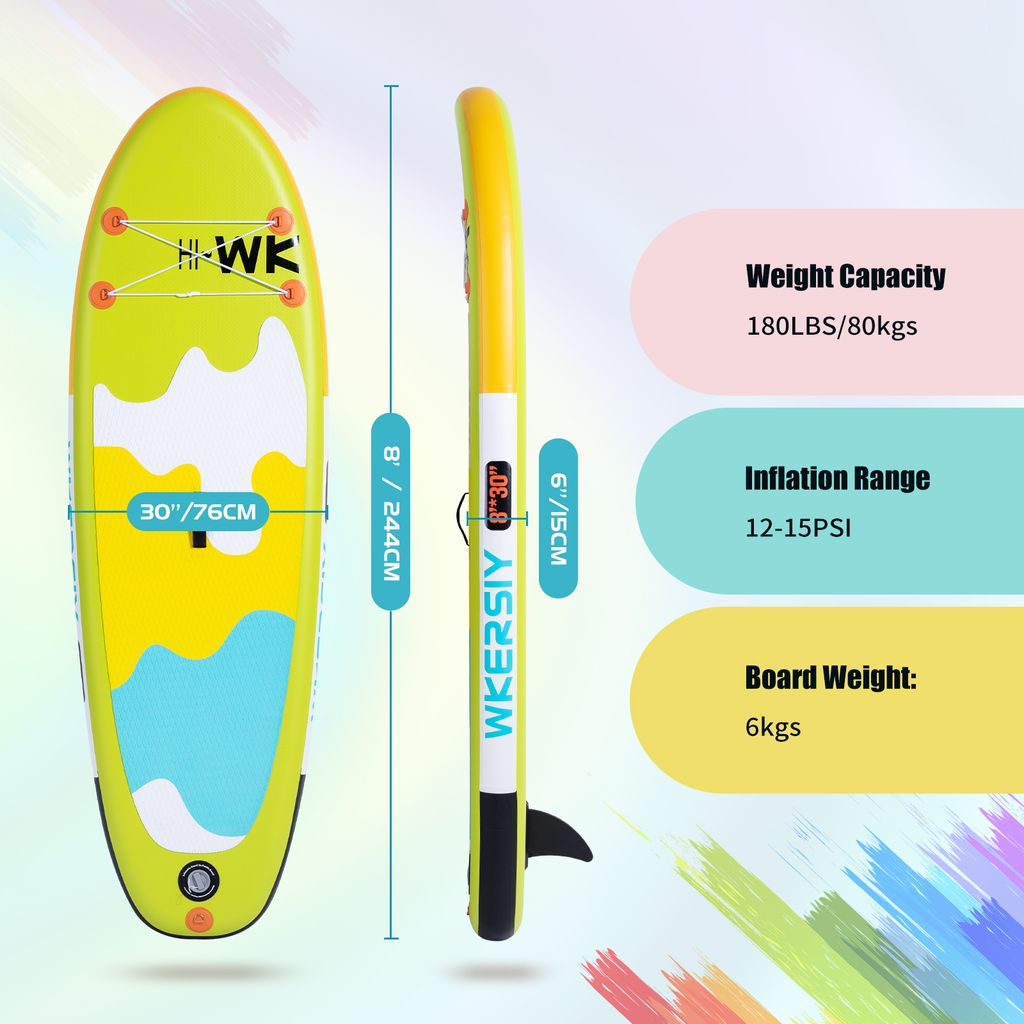 Kinder SUP Board, 2,44m, aufblasbar, inklusive Paddel, Pumpe, Rucksack, Leine und Reparaturset, ideal für Wassersport