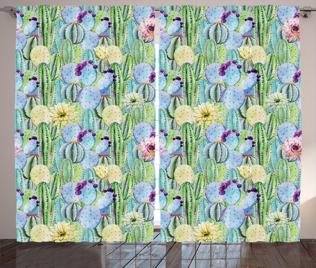 ABAKUHAUS Pflanze Rustikaler Vorhang, Kaktus Knospen Typen Muster, Wohnzimmer Universalband Gardinen mit Schlaufen und Haken, 280 x 225 cm, Grün u...