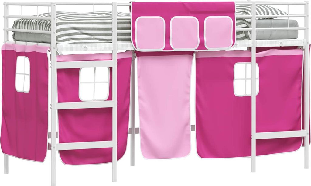 Kinder Loft Bettgestell mit Vorhängen Weiß und Rosa