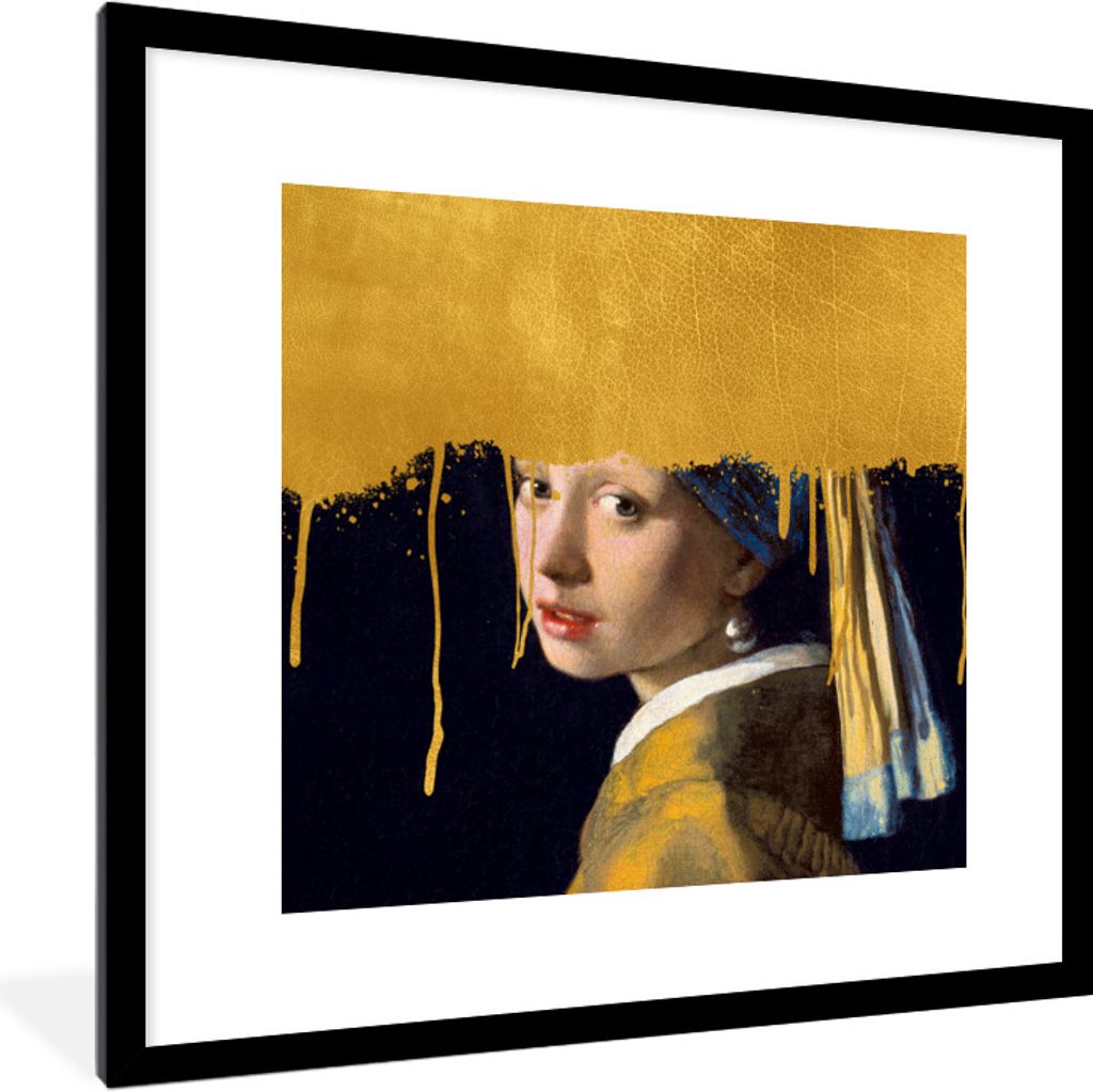 MuchoWow Gerahmtes Poster Mädchen mit einem Perlenohrring - Gold - Vermeer 40x40 cm - Poster mit Schwarzem Bilderrahmen Wandposter Rahmen Foto B...