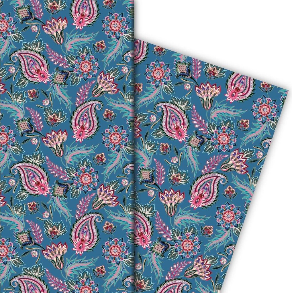 Edles Geschenkpapier mit üppigem Paisley Muster, blau - G9926, 32 x 48cm