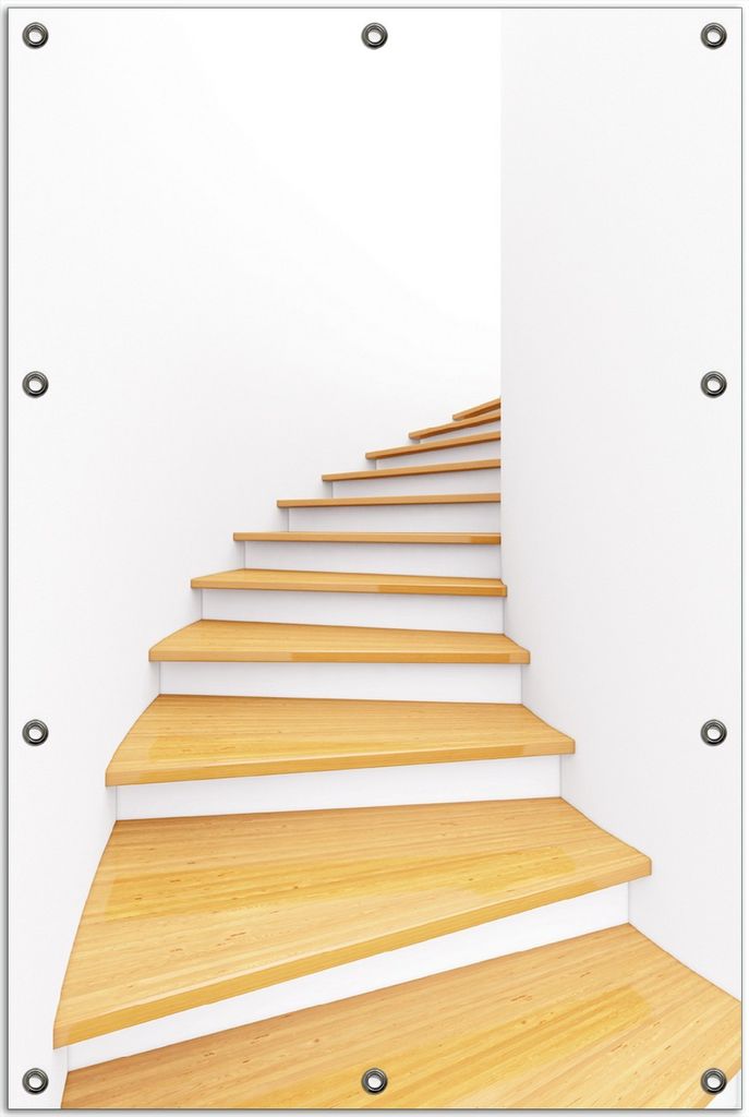 Wallario Outdoor-Poster für Garten oder Balkon, Motiv Wendeltreppe aus hellem Holz, in ca. 80 x 120 cm