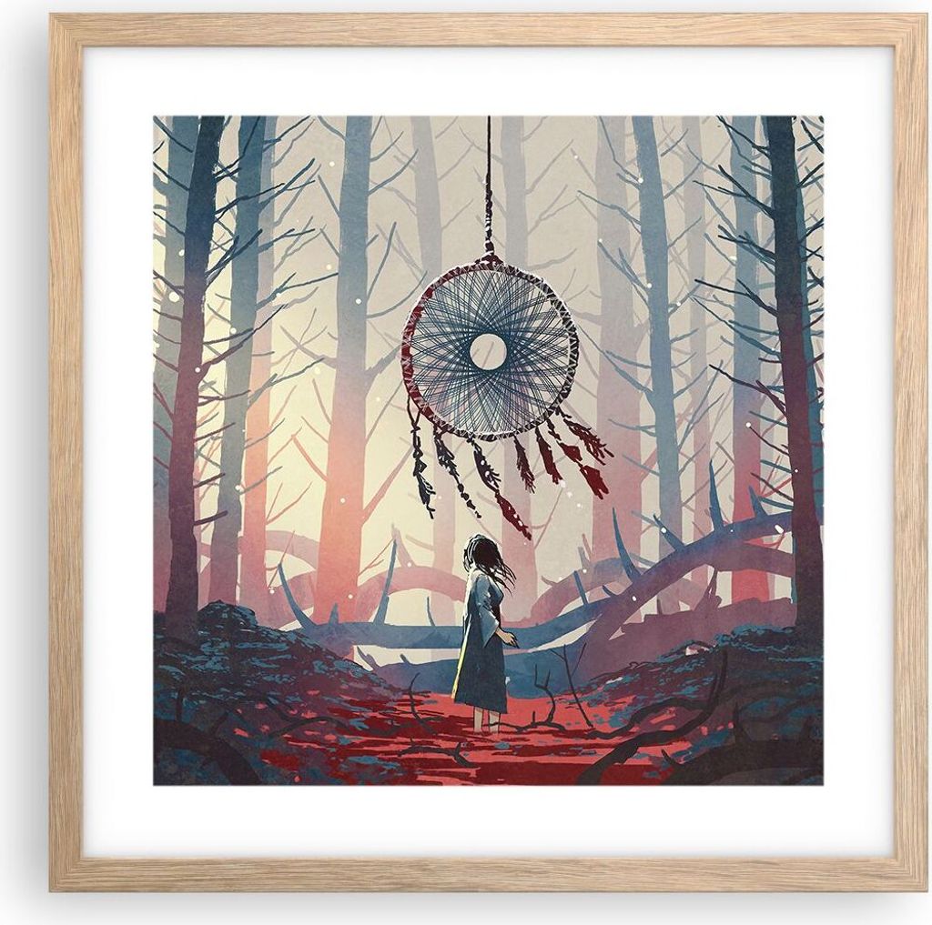 Gerahmtes Poster - Rahmen in heller Eiche - Märchen Fänger Träume - 40x40 cm - Wand Bild - Wanddeko - Wandbilder - Kunstposter - Wandposter - Bi...
