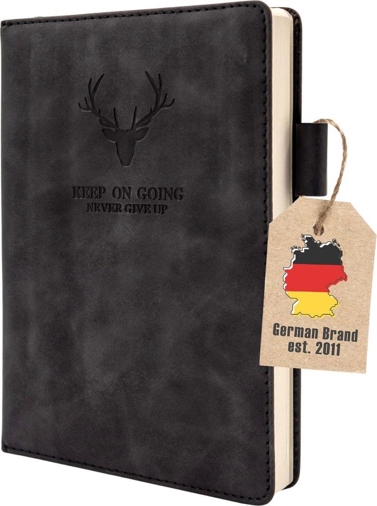 Intirilife Notizbuch Liniert A5 mit Motivationsspruch Schwarz- Notizblock Kunstleder, Notebook Soft -Touch,Schreib Buch, Reise Tagebuch Lesezeichen...
