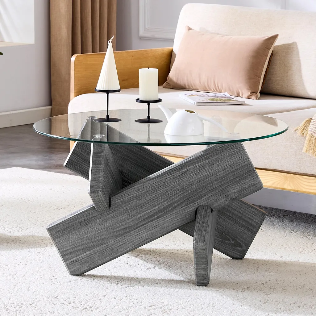 Table de salon ronde en verre trempé 79 cm, piétement bois scandinave