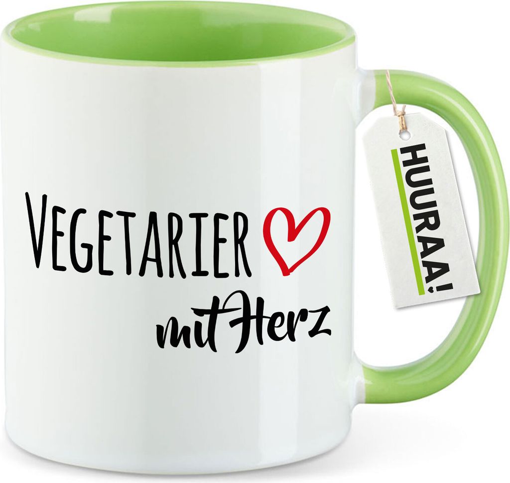 Huuraa Kaffeetasse Vegetarier mit Herz 330ml Grün Keramik Kaffeebecher Geschenkidee