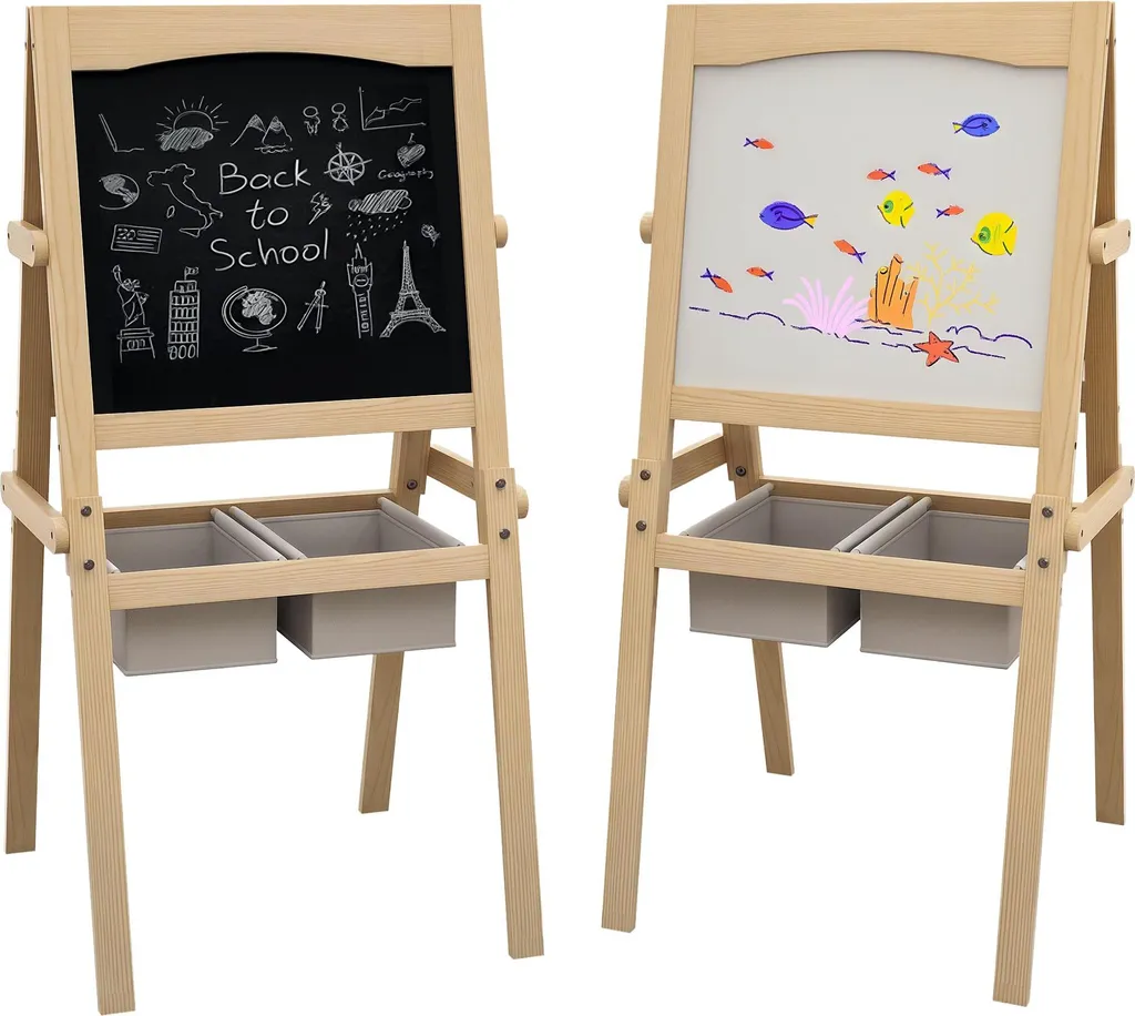 Chevalet Enfant Double Face Magnétique avec Rouleau Papier et Paniers Gris