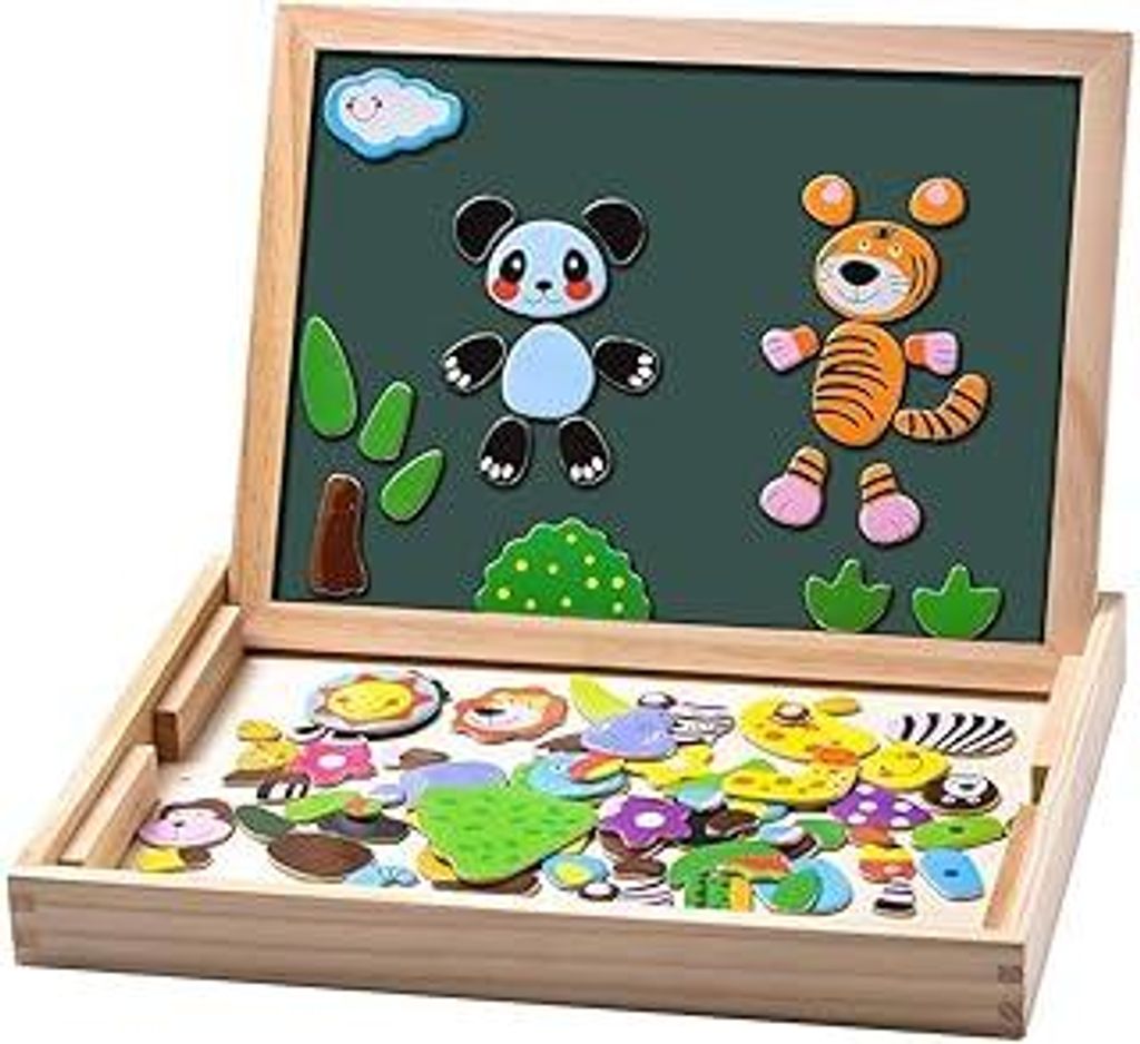 Uping Magnetisches Holzpuzzle 100 Stück, Doppelseitige Magnettafel, Zeichenbrett Farbstifte Kreiden, Wald and Tier Puzzles Spielzeug für ab 3 Jahre
