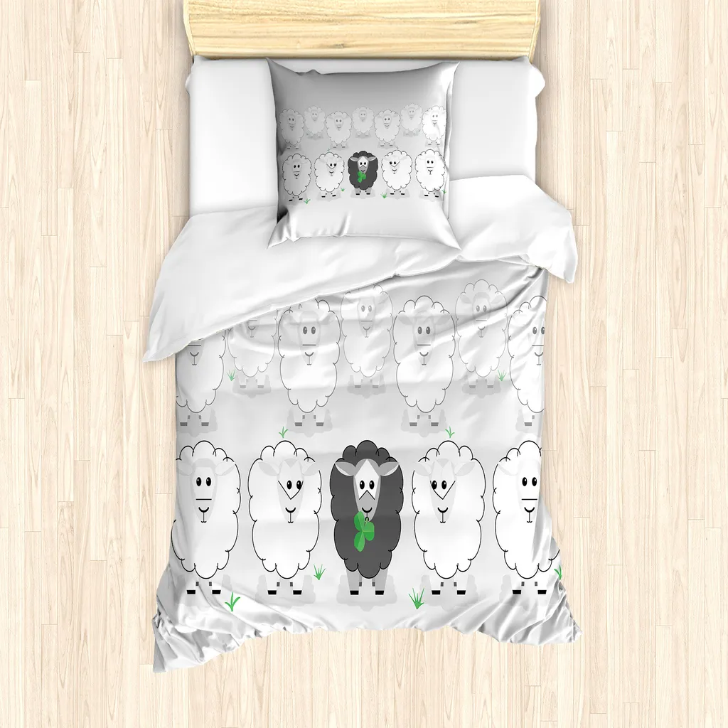 ABAKUHAUS Set copripiumino colorato per letti singoli, Aligned Schafherde, antiacaro, adatto a chi soffre di allergie, con federa, 135 cm x 200 cm - 80 x 80 cm, verde felce grigio