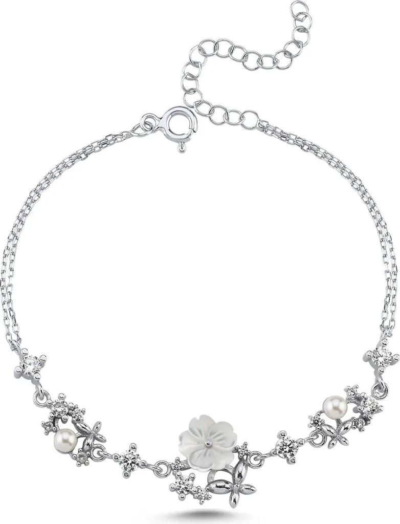 Bracelet en argent 925 femme avec fleur de magnolia et papillon nacré