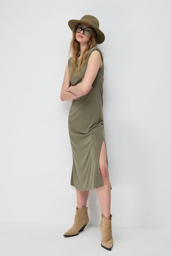 Midi-langes Kleid mit Schlitz., Khaki, L