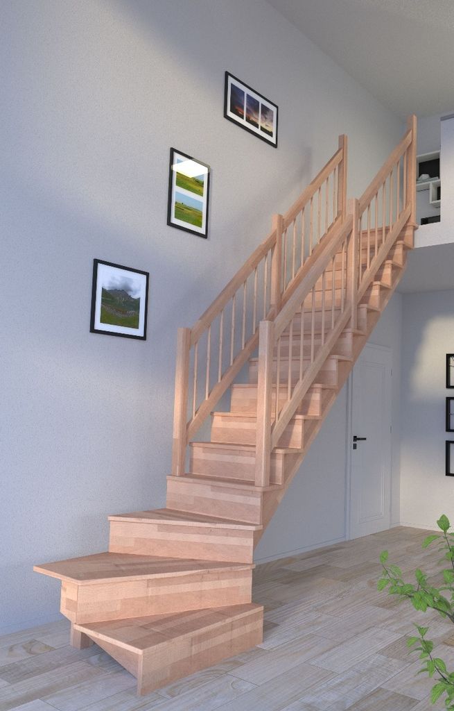 Holztreppe Lindos (Buche) in 1/4 gewendelter Ausführung rechts-80 cm-Holz-Holz Design Geländer-beidseitig-mit Setzstufen