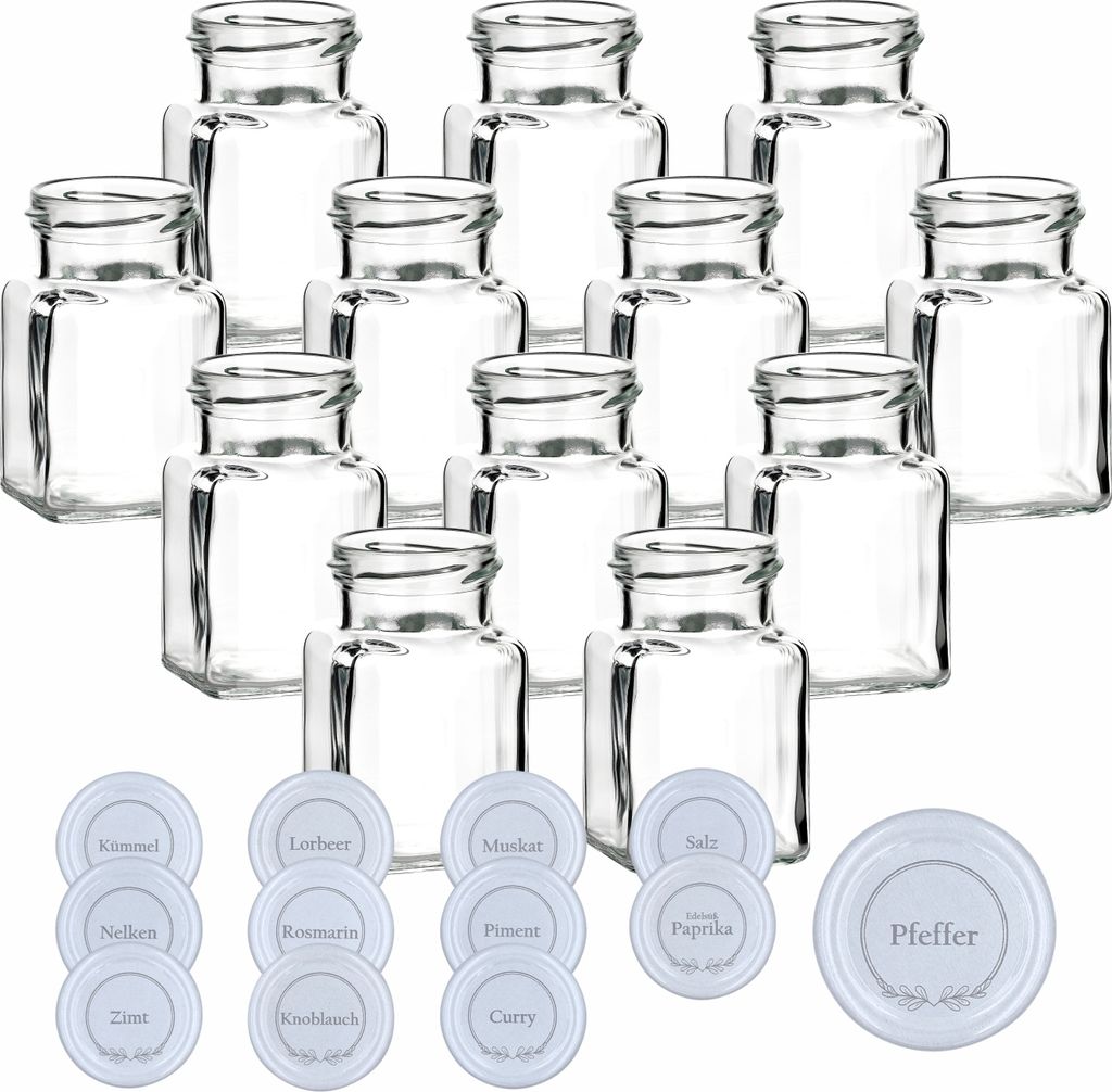 gouveo 12er Set Einmachgläser 150 ml eckig mit Schraub-Deckel -Gewürze 1- weiß - Kleine Vorratsgläser mit Schraubverschluss - Leere Gewürzgläser