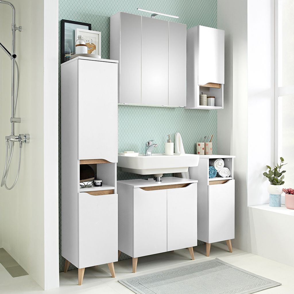 Badezimmer Komplett Set mit Füßen in Holzoptik QUEIMADOS-66 in Weiß Glanz mit Weiß Hochglanz, B/H/T ca. 125/200/33 cm