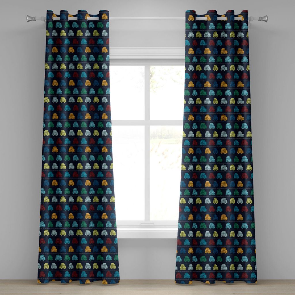 ABAKUHAUS Autos Ösenvorhang, Mini Vintage Fahrzeuge auf der Straße fahren Autos mit verschiedenen lebendigen Farben, Dekorative 2-Panel-Fenstervo...