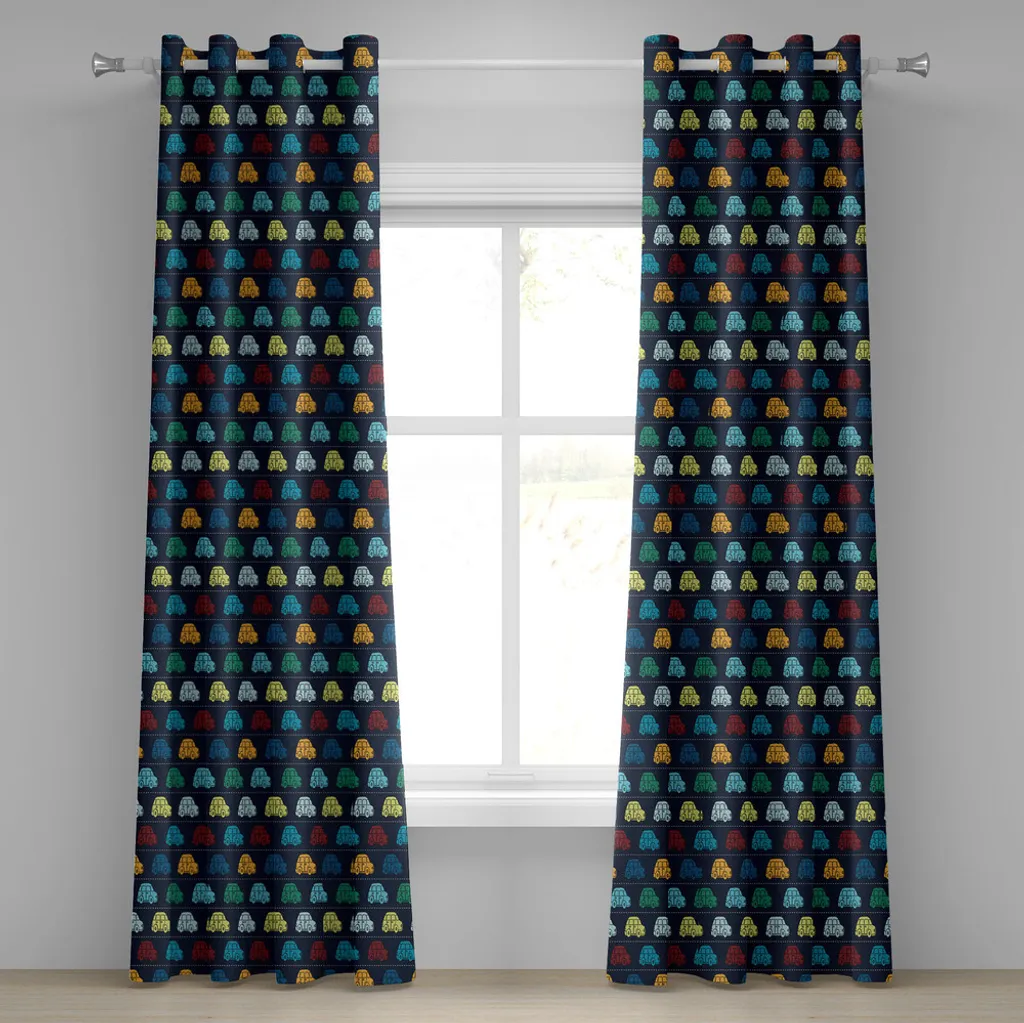 ABAKUHAUS Tenda con occhielli per auto, mini veicoli vintage che guidano su strada Auto con diversi colori vivaci, tende decorative a 2 pannelli per finestre, 280 cm x 175 cm, blu scuro, acquamarina, senape