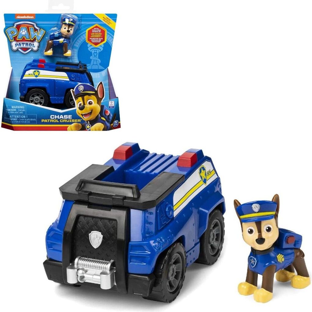 PAW Patrol , Chase Patrol Cruiser Polizeiauto mit Actionfigur zum Sammeln, Kinderspielzeug, Polizeiwagen, 3 Jahr(e), Kunststoff, Schwarz, Blau