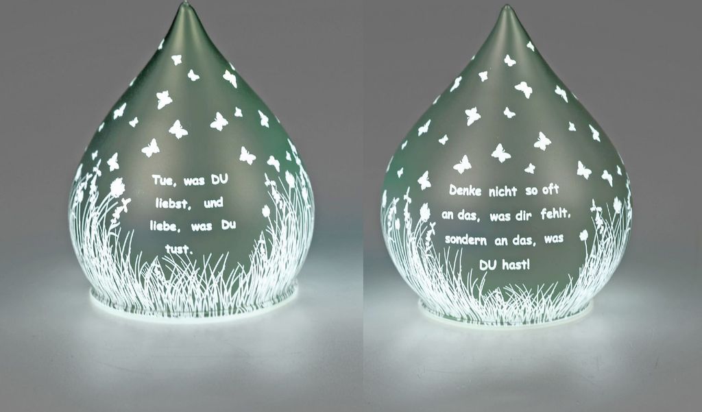 2er Set LED Lampen Tropfen Blumenwiese mit Spruch H. 15cm grün Formano