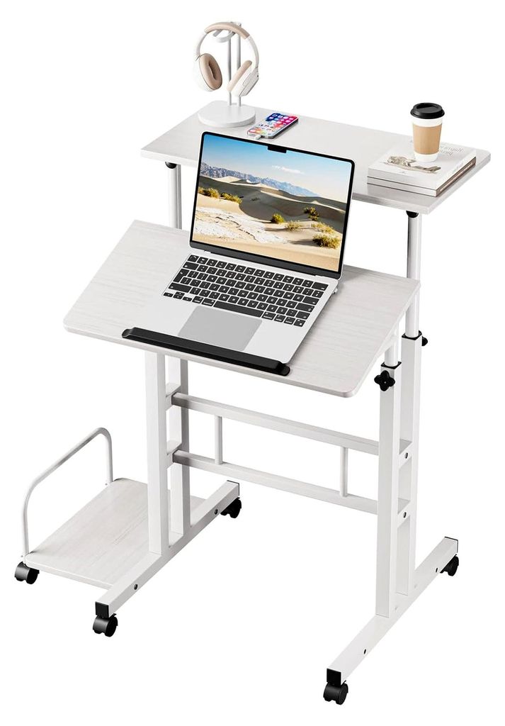60x60cm Stehpult Höhenverstellbar Schreibtisch, Mobiler Computertisch mit 4 Rollen, Steh-Sitz Tisch Laptoptisch neigbar Tischplatte, für Zuhause ...