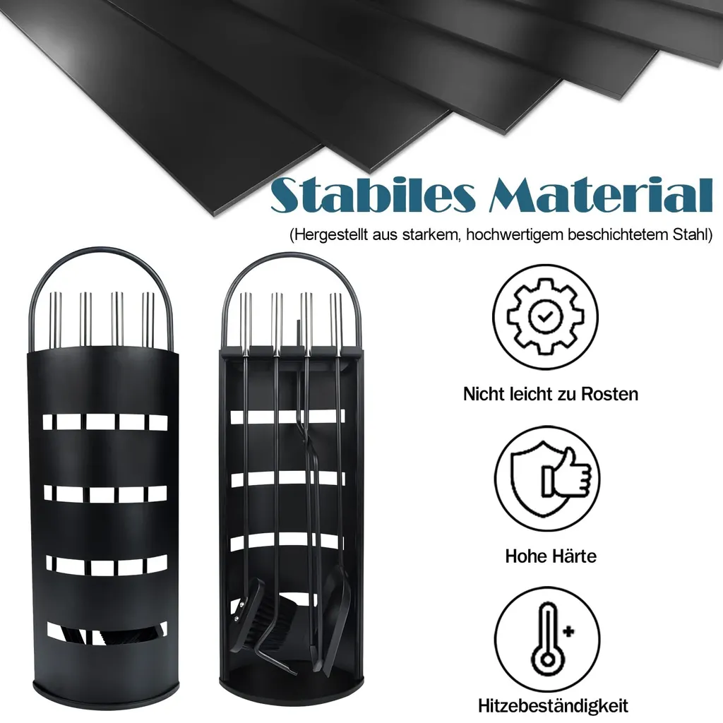 Kit Accessoires Cheminée Moderne 5 Pièces avec Support en Acier Noir