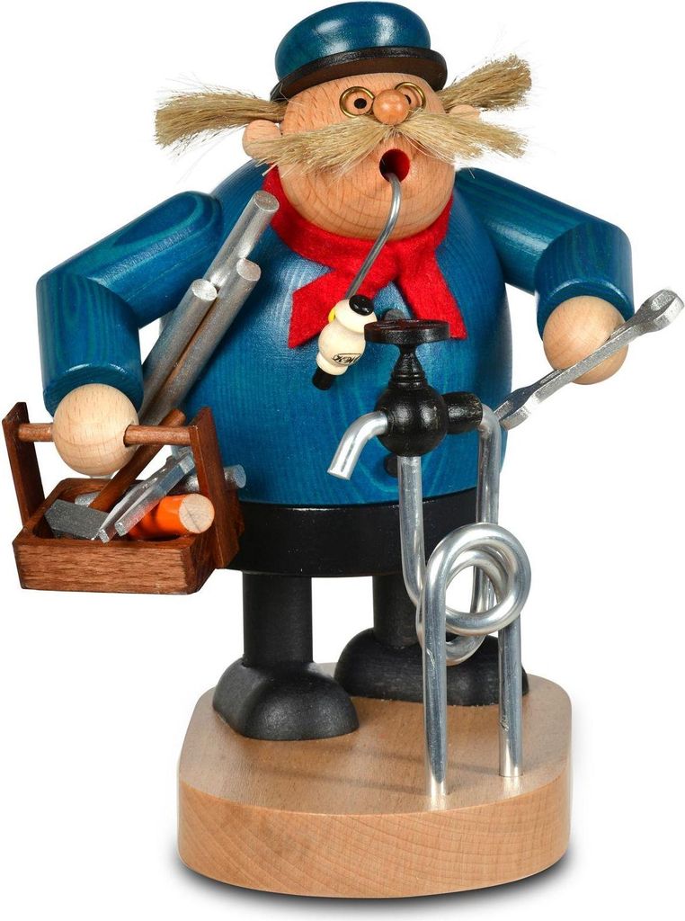 Räuchermann Klempner mit Werkzeugkasten, Zange und Wasserhahn in blauer Kleidung BxHxT 15x19x14cm NEU