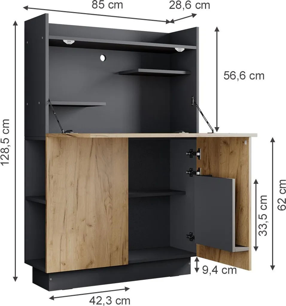 Secrétaire design Alena Anthracite 85 cm, tablette rabattable et Chêne - 6