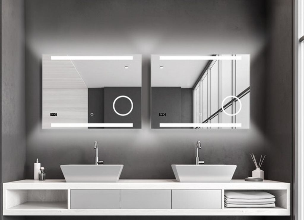 Badspiegel mit Beleuchtung Talos King 80 x 60 cm Wandspiegel - Beleuchteter Kosmetikspiegel - eingebaute Digitaluhr - hochwertiger Aluminiumrahmen ...