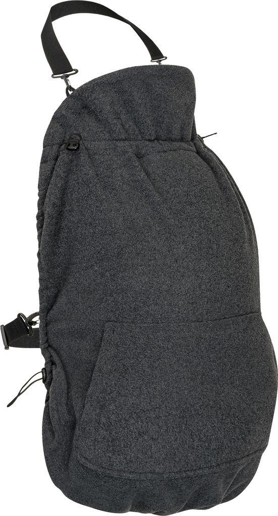A dark gray fleece baby carrier cover shown from the side.