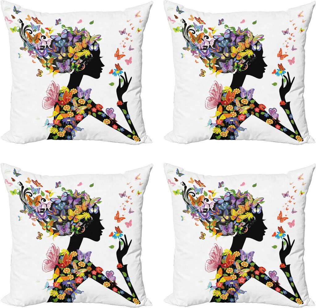 ABAKUHAUS Schmetterlinge Kissenbezug Set (4 Stück), Blumen mit Schmetterling, Moderner Doppelseitiger Digitaldruck, 60 cm x 60 cm, Mehrfarbig
