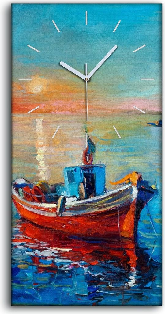 Wandbild Leinwand Bilder mit Uhr 30x60 Gemälde Ozean Meer Boot Sonnenuntergang - weiße Hände